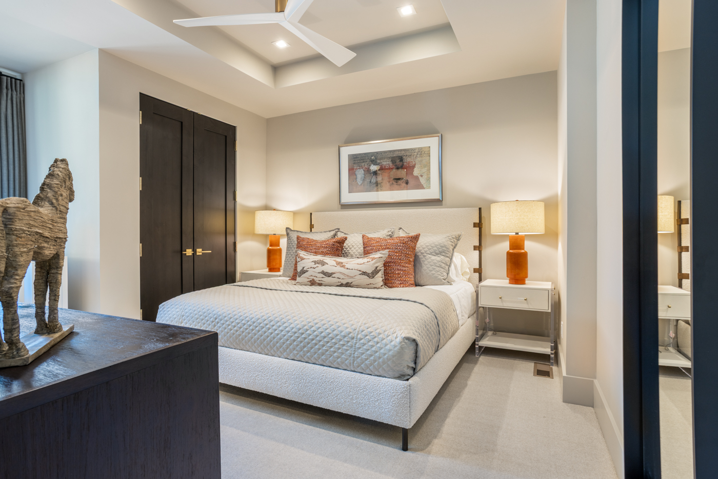 Boucle king bed with sculptural accents
