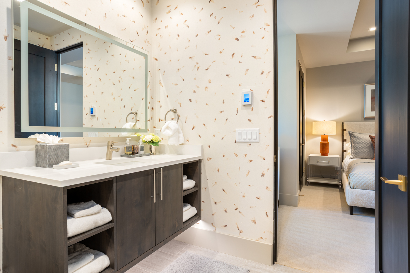 Vanity with bedroom beyond