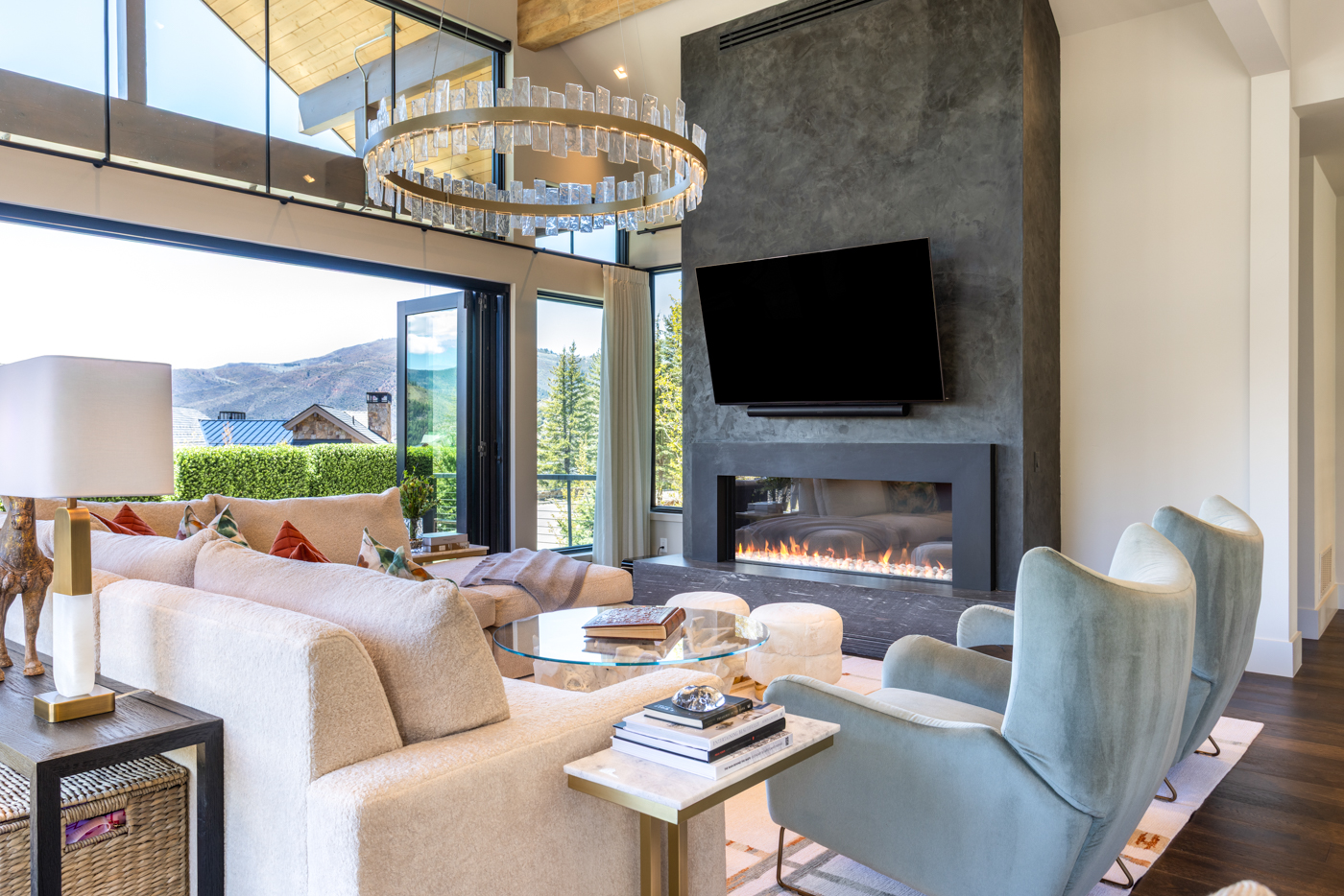 Linear fireplace with mountain outlook
